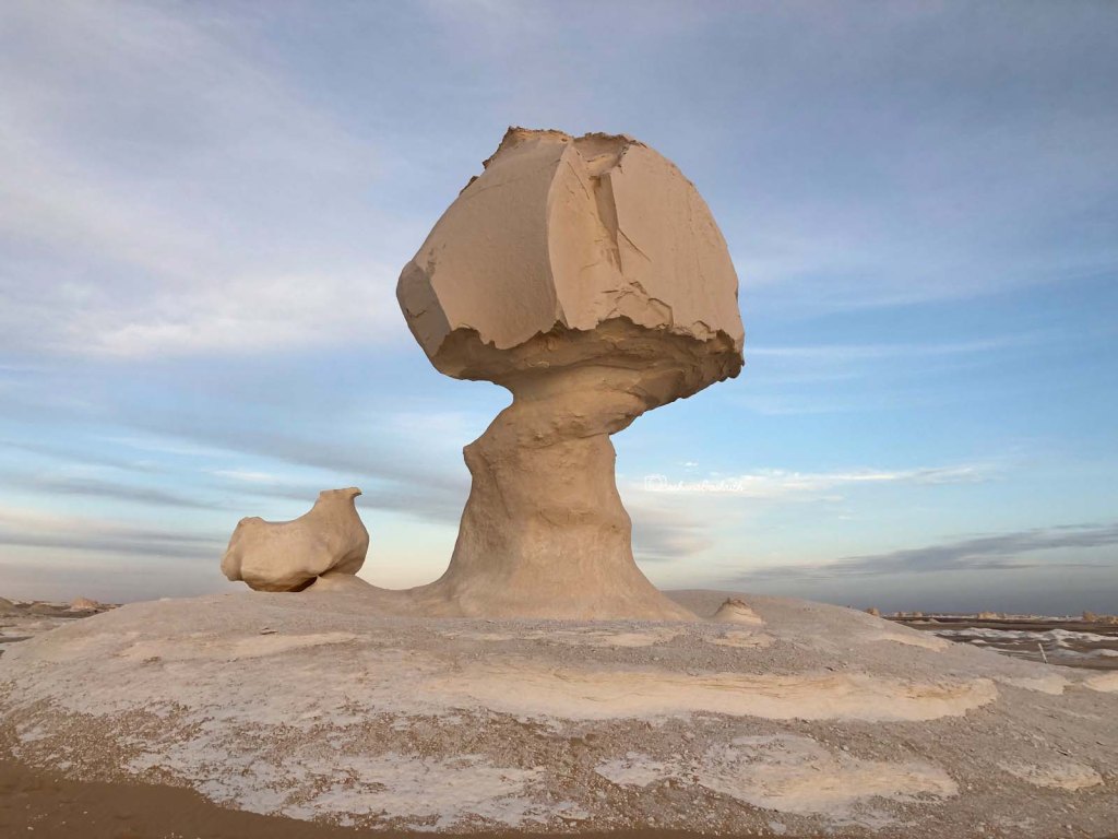 Close up view of white lime stone formation that resembles chicken in sitting position and a giant mushroom
