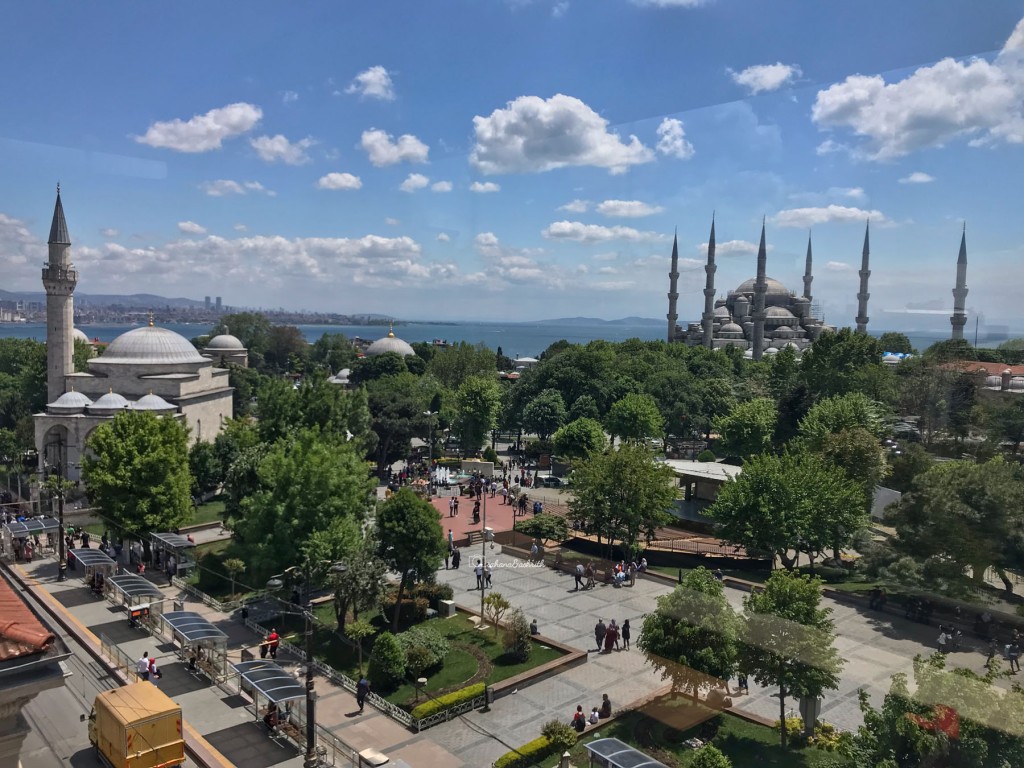 Best view of Istanbul - aerial view of Sultan Ahmet square and Blue mosque from above