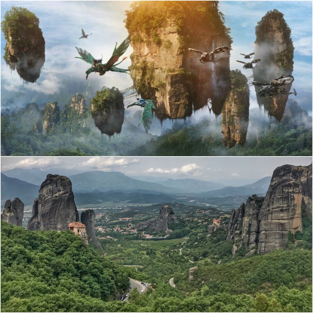Avatar movie scene of inverted mountains similar to Meteora Greece mountains