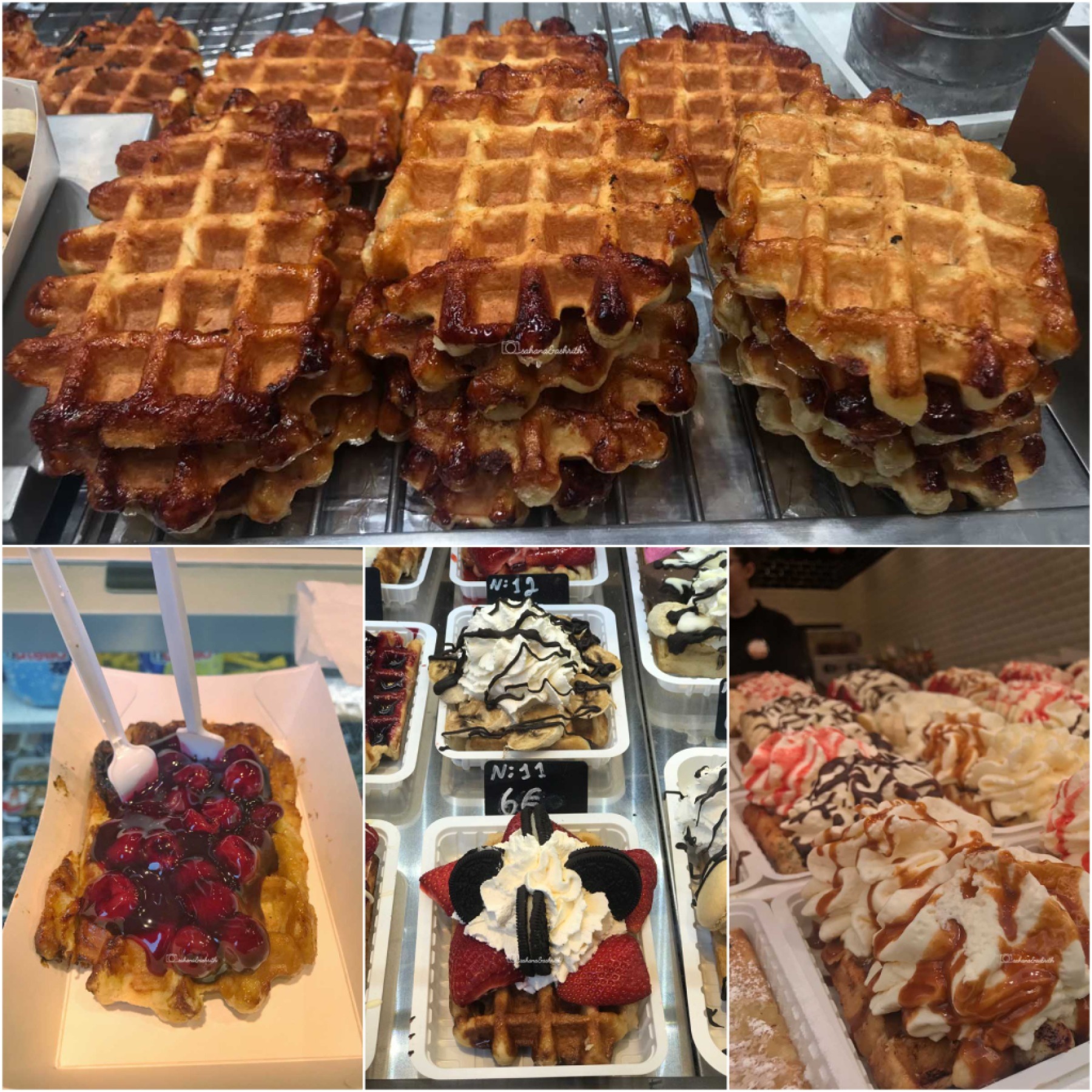 Belgian waffles with various toppings and creams