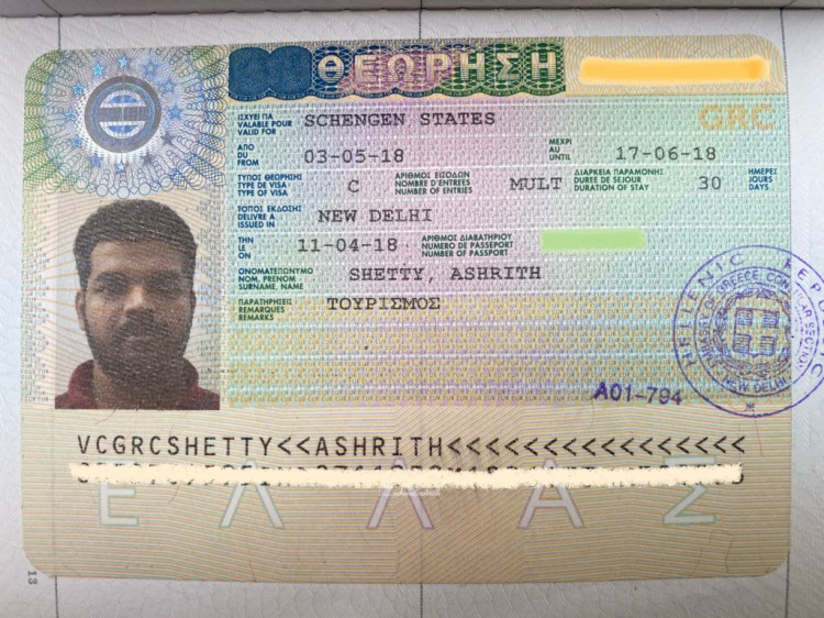 picture of Greece tourist visa sticker on Indian passport