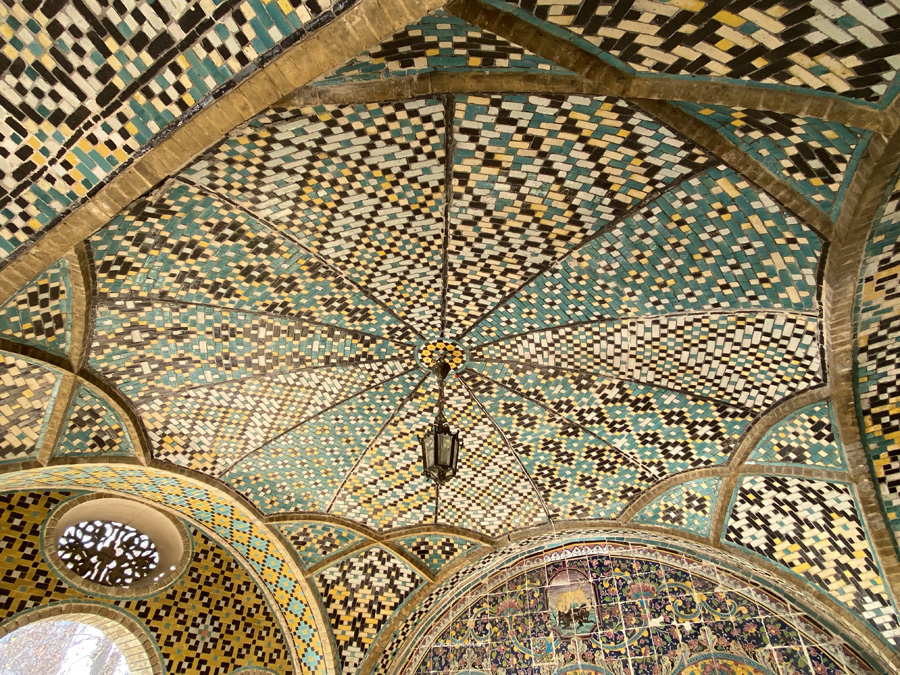 Glazed tile creating vivid pattern on the cieling of Golestan palace at Iran