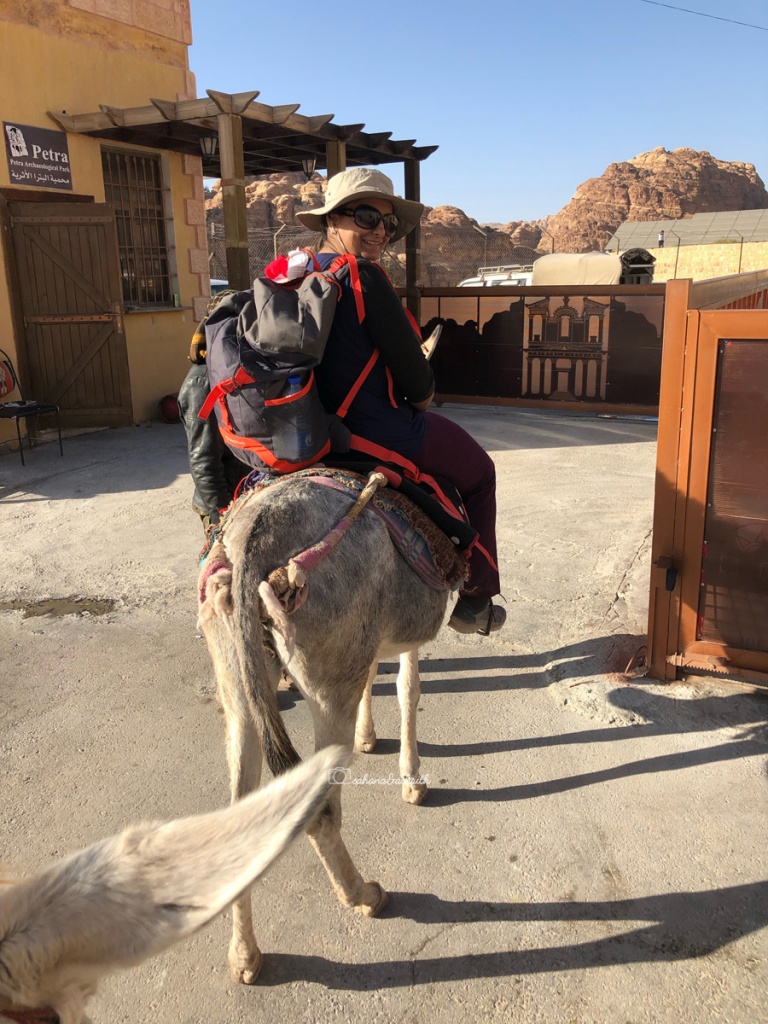 Tourist with backpack on mule