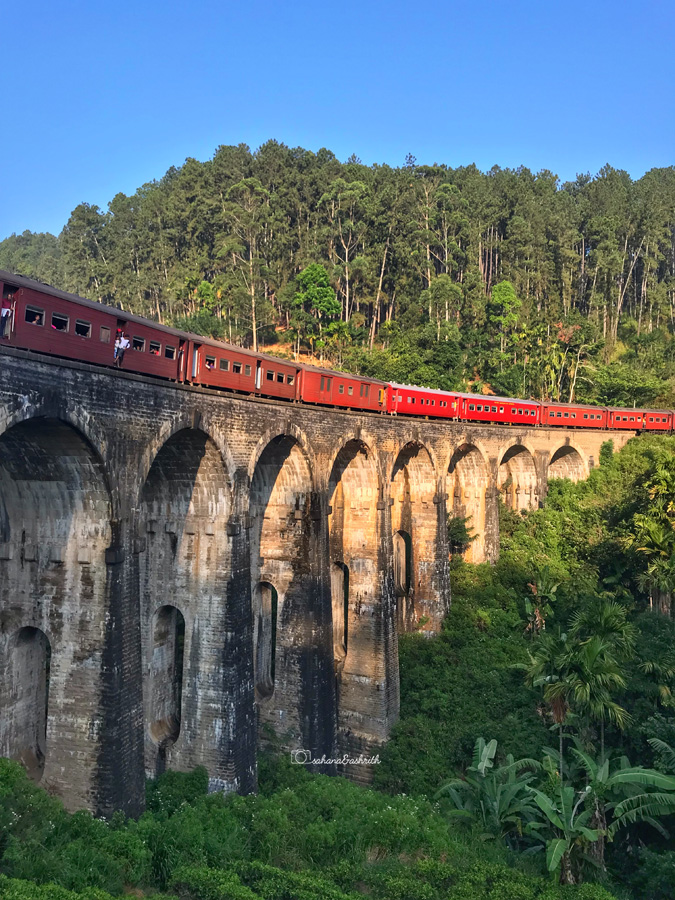 Red colour train going on the nine arched bridge in the middle of tea estate