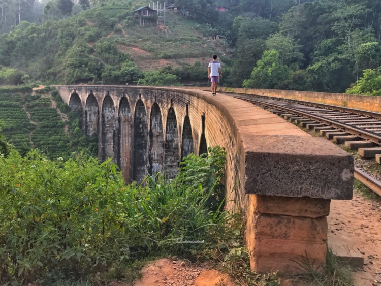 A man walking on the parapet walls of  the nine arched bridge in the middle of tea estate