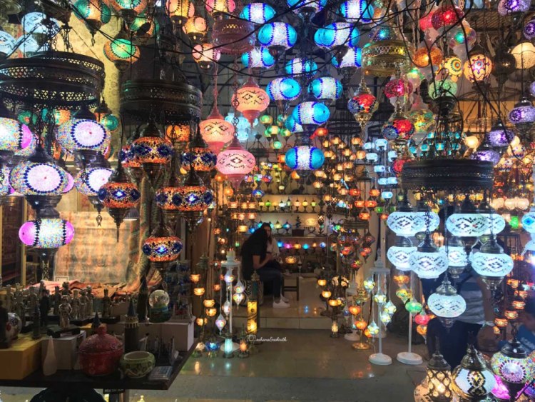 Most beautiful picture of cluster of colouful turkish lamps hung from ceiling at Istanbul