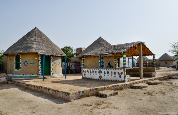 Circular shaped Bhunga houses made of mud and decorated with mirror works at Kutch Gujarat