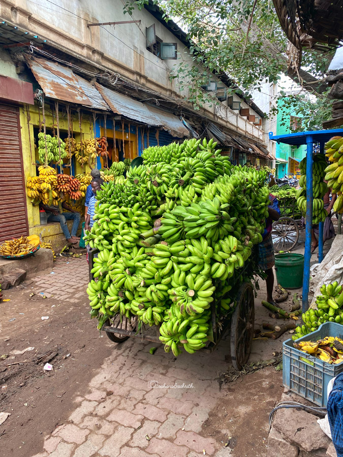A load of fresh green banana on a cycyle cart at Banana market in Madurai